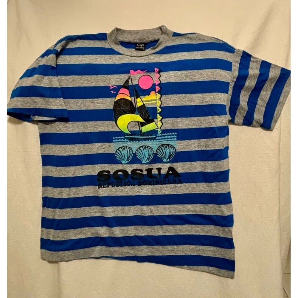 Men’s Large Ocean Pacific blue/gray striped "Sosúa, República Dominicana" Shirt